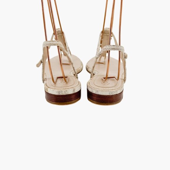 Chanel Camellia Pearl CC T-Strap Flat Sandals EU 38 US 7-7.5 Beige Leather Logo - Picture 6 of 11
